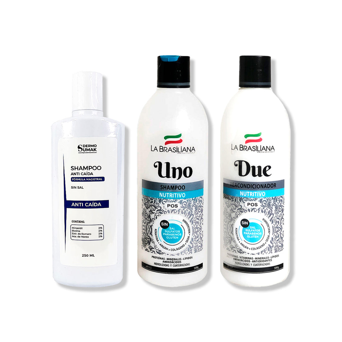 SHAMPOO ANTICASPA SIN SAL 350ML - DERMO SUMAK | SHAMPOO TRE POS 500GR - LA BRASILIANA | ACONDICIONADOR DUE POS 500GR - LA BRASILIANA 500GR