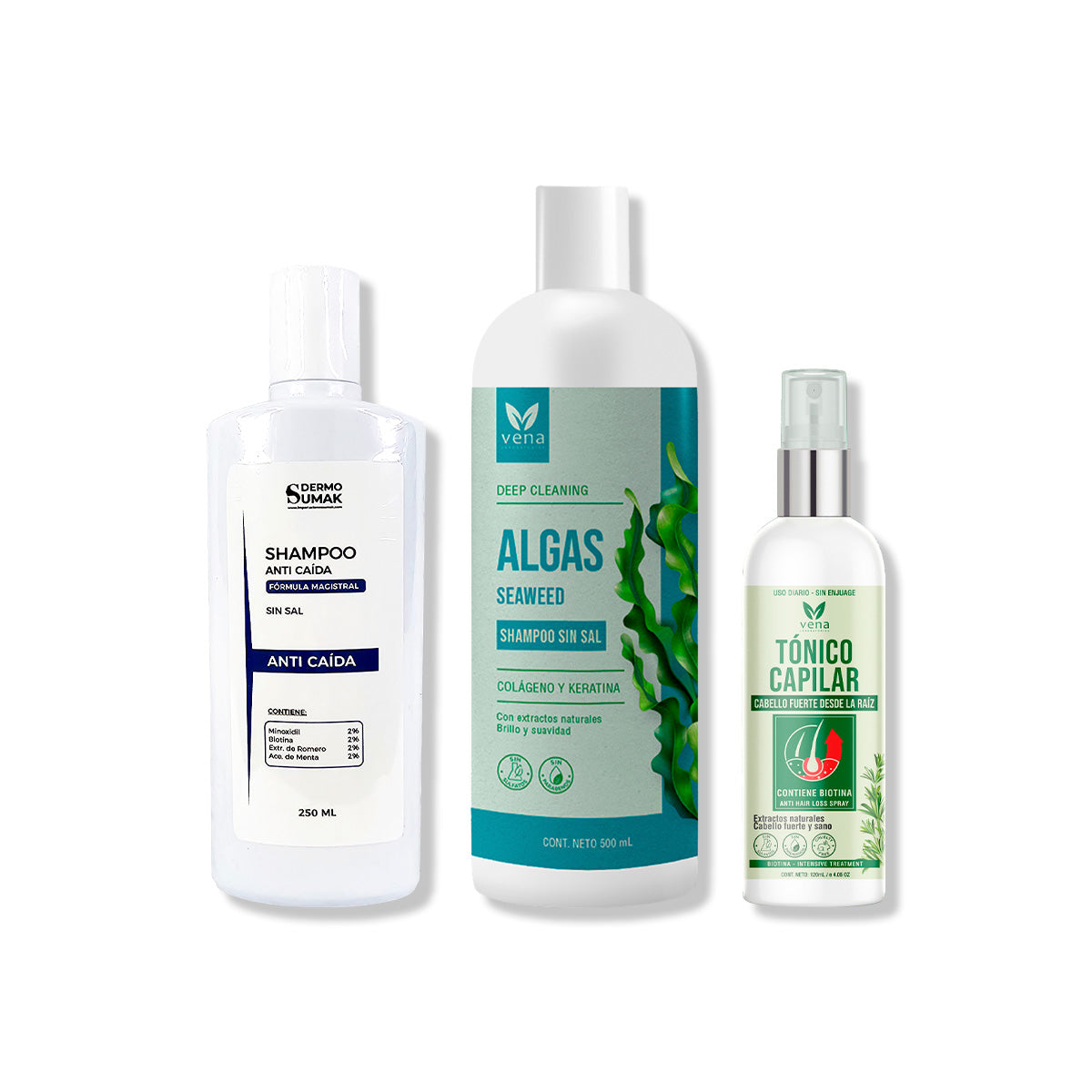 SHAMPOO ANTICAIDA 250ML + SHAMPOO ALGAS 500GR + TÓNICO CAPILAR 120ML