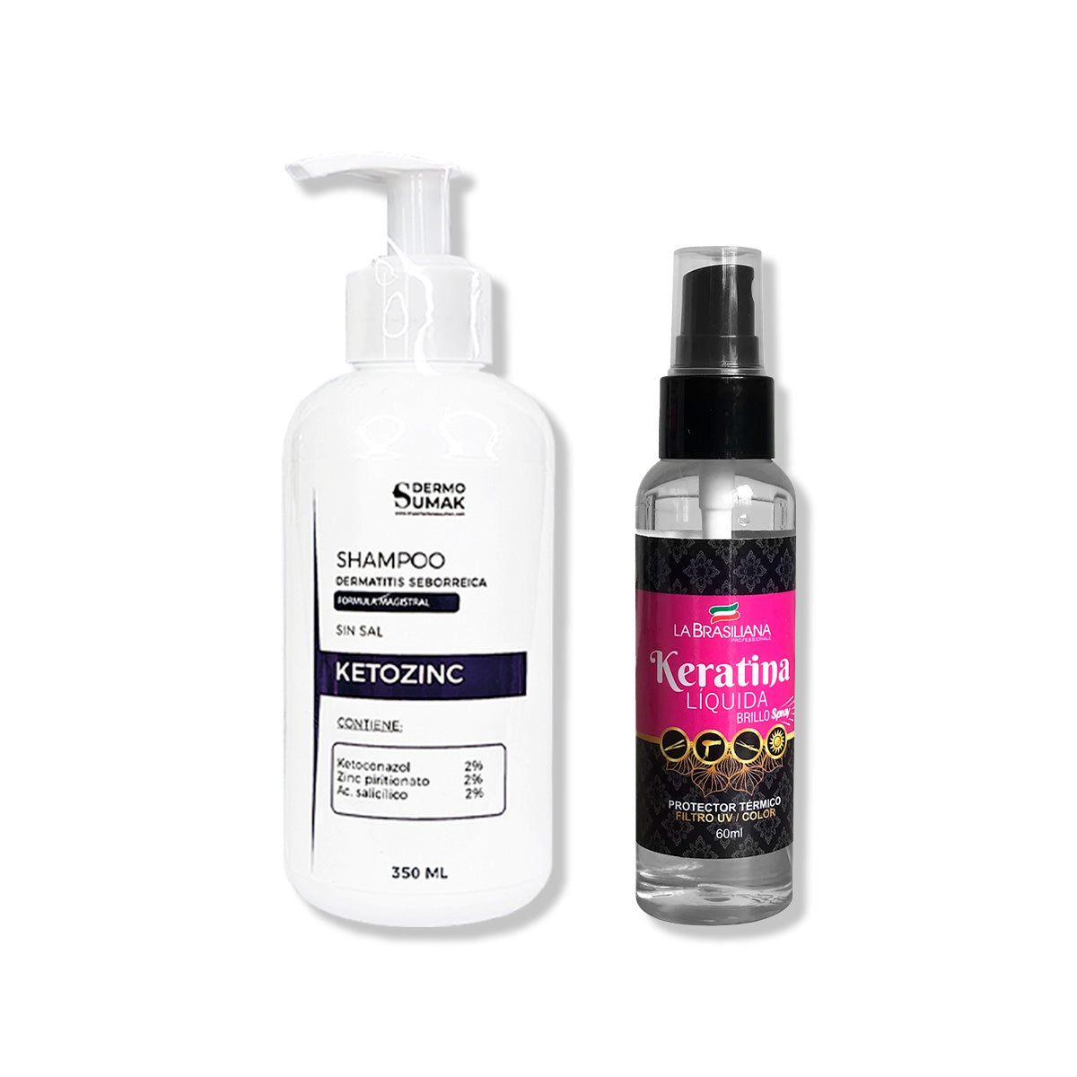 SHAMPOO SIN SAL KETOZINC 350ML+ SPRAY BRILLO KERATINA LÍQUIDA 60ML