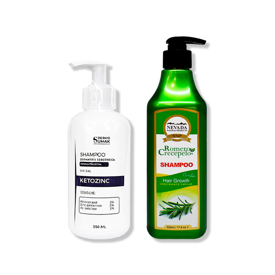 SHAMPOO SIN SAL KETOZINC 350ML+ SHAMPOO ROMERO CRECEPELO 520ML