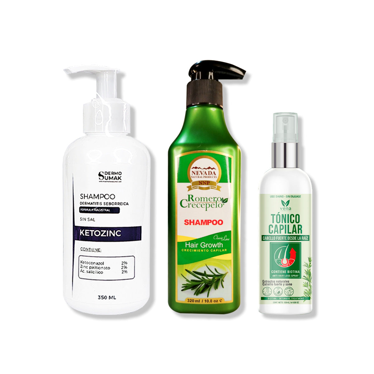 SHAMPOO KETOZINC 350ML + SHAMPOO ROMERO 320ML + TÓNICO CAPILAR ROMERO