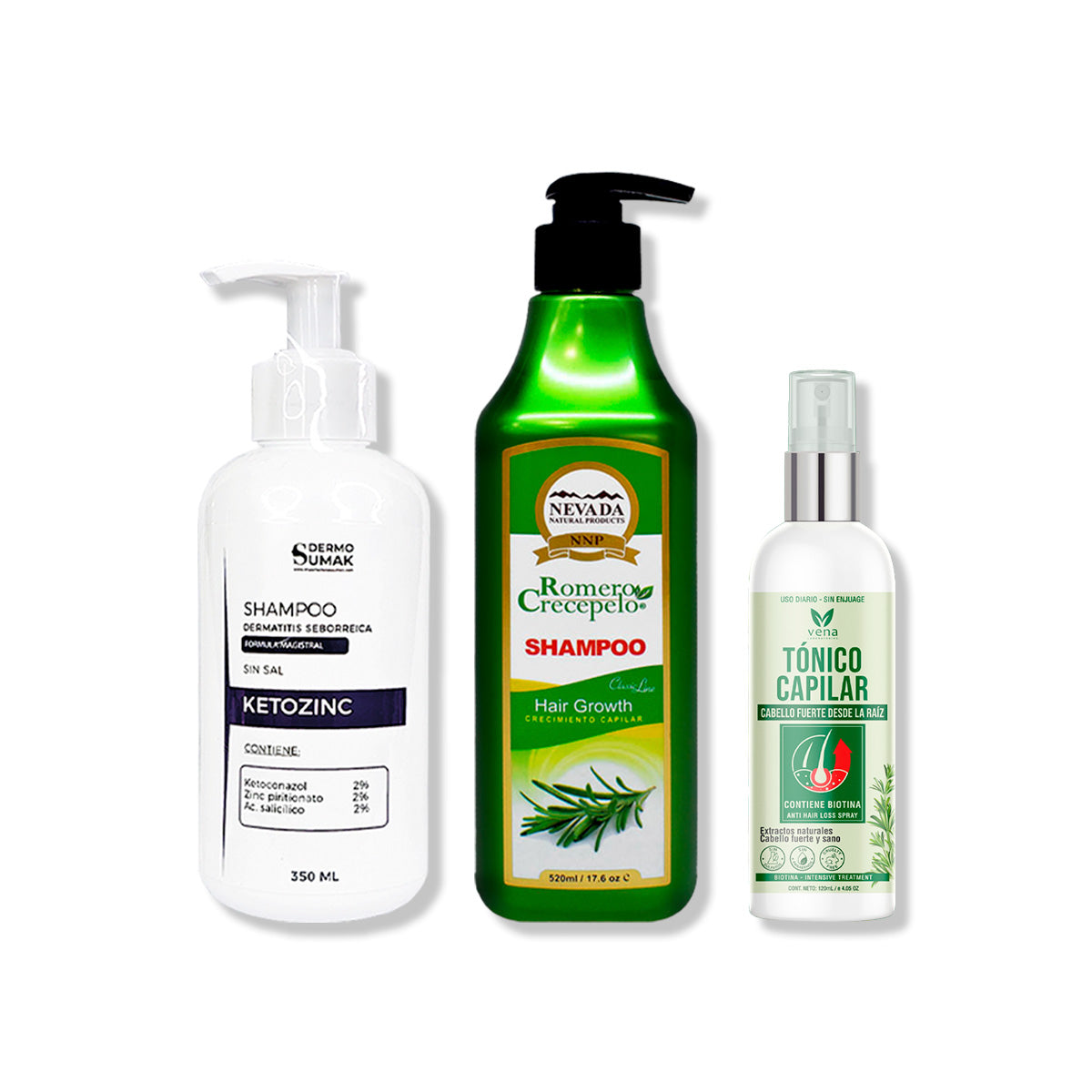 SHAMPOO KETOZINC 350ML + SHAMPOO ROMERO 520ML + TÓNICO CAPILAR ROMERO