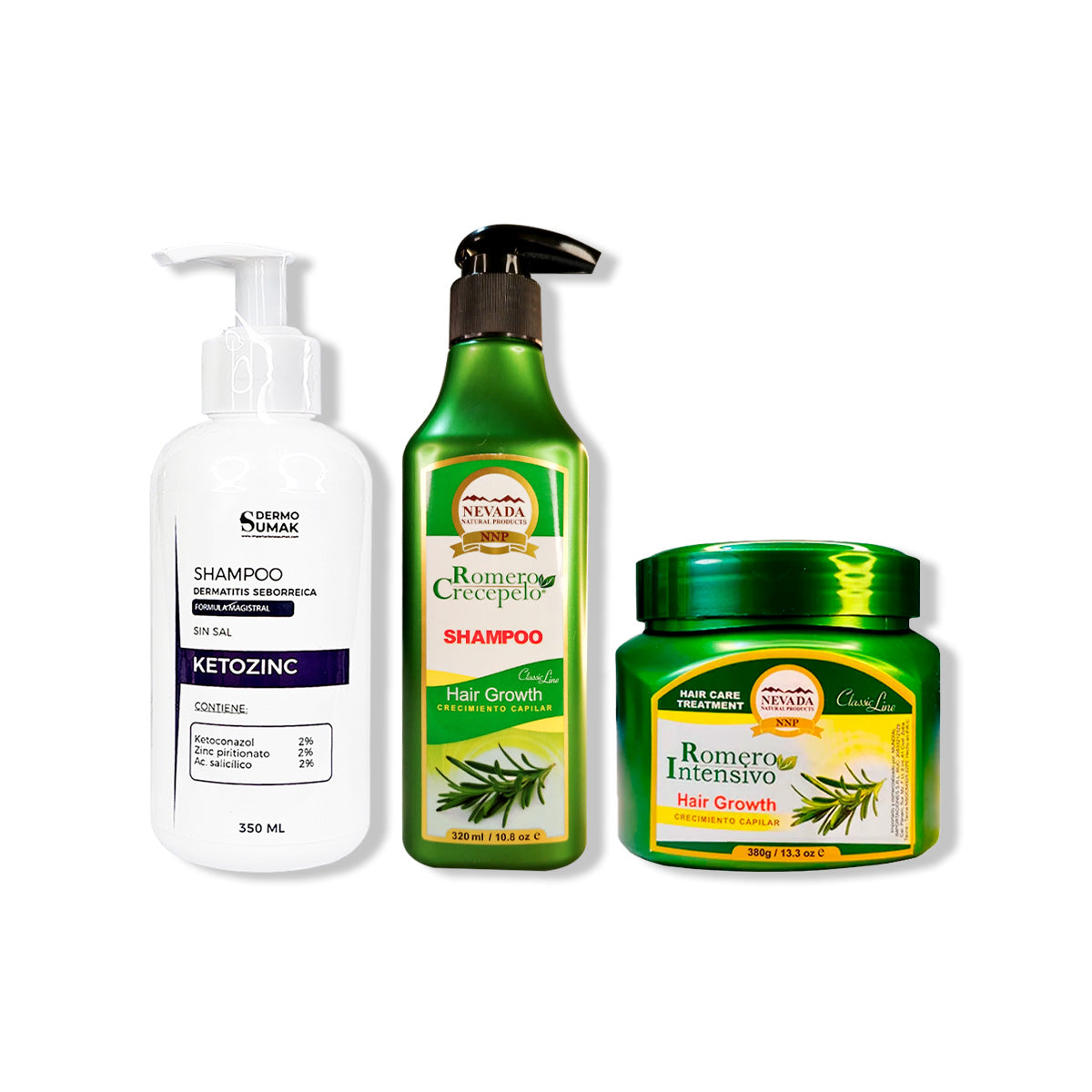 SHAMPOO KETOZINC 350ML + SHAMPOO ROMERO 320ML + CREMA DE CRECIMIENTO