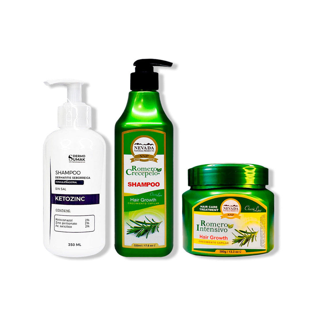 SHAMPOO KETOZINC 350ML + SHAMPOO ROMERO 520ML + CREMA DE CRECIMIENTO