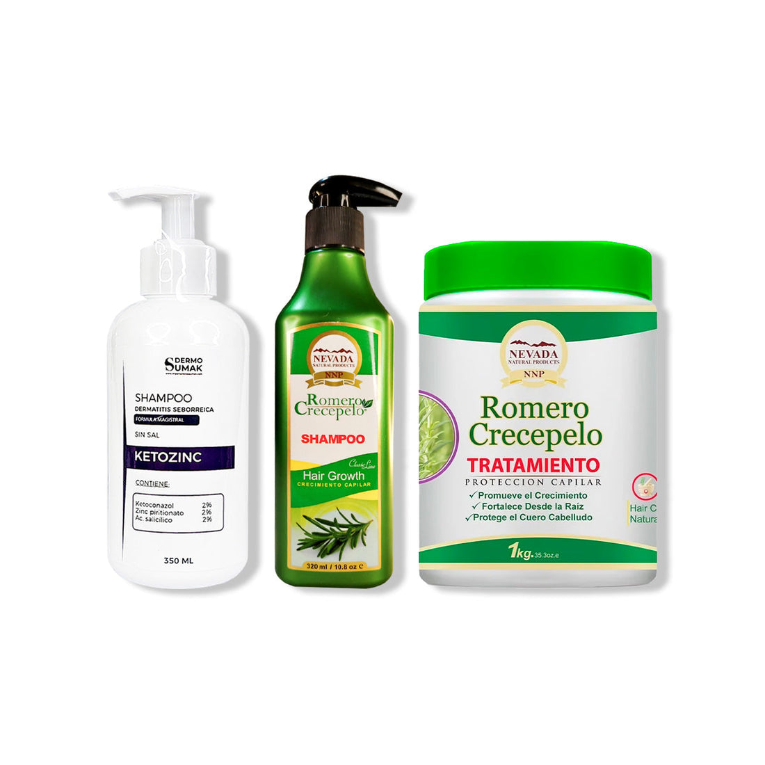 SHAMPOO KETOZINC 350ML + SHAMPOO ROMERO 320ML + TRATAMIENTO CAPILAR