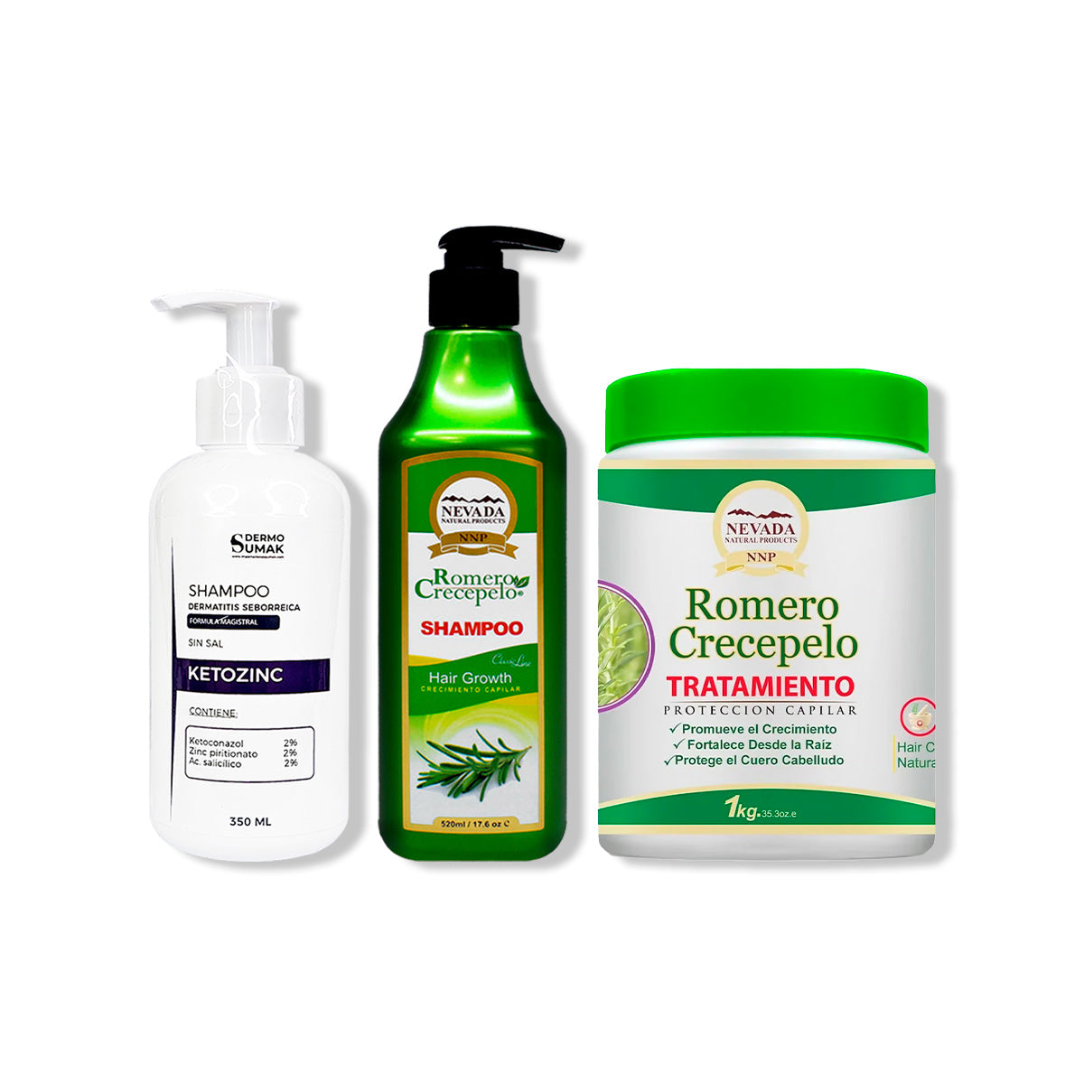 SHAMPOO KETOZINC 350ML + SHAMPOO ROMERO 520ML + TRATAMIENTO CAPILAR