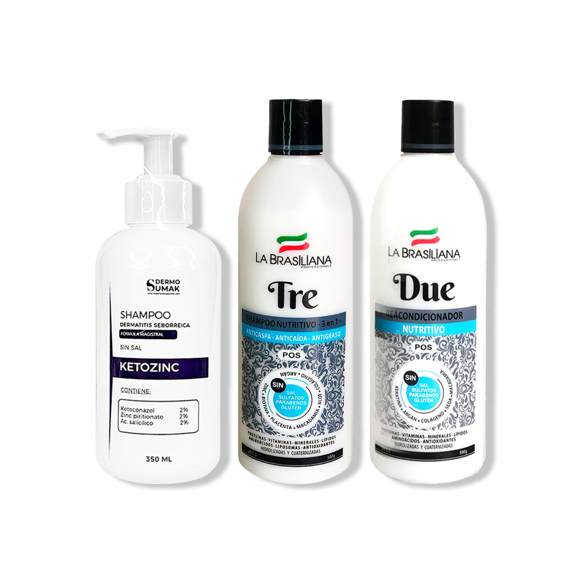 SHAMPOO KETOZINC 350ML + SHAMPOO TRE 500GR + ACONDICIONADOR DUE 500GR