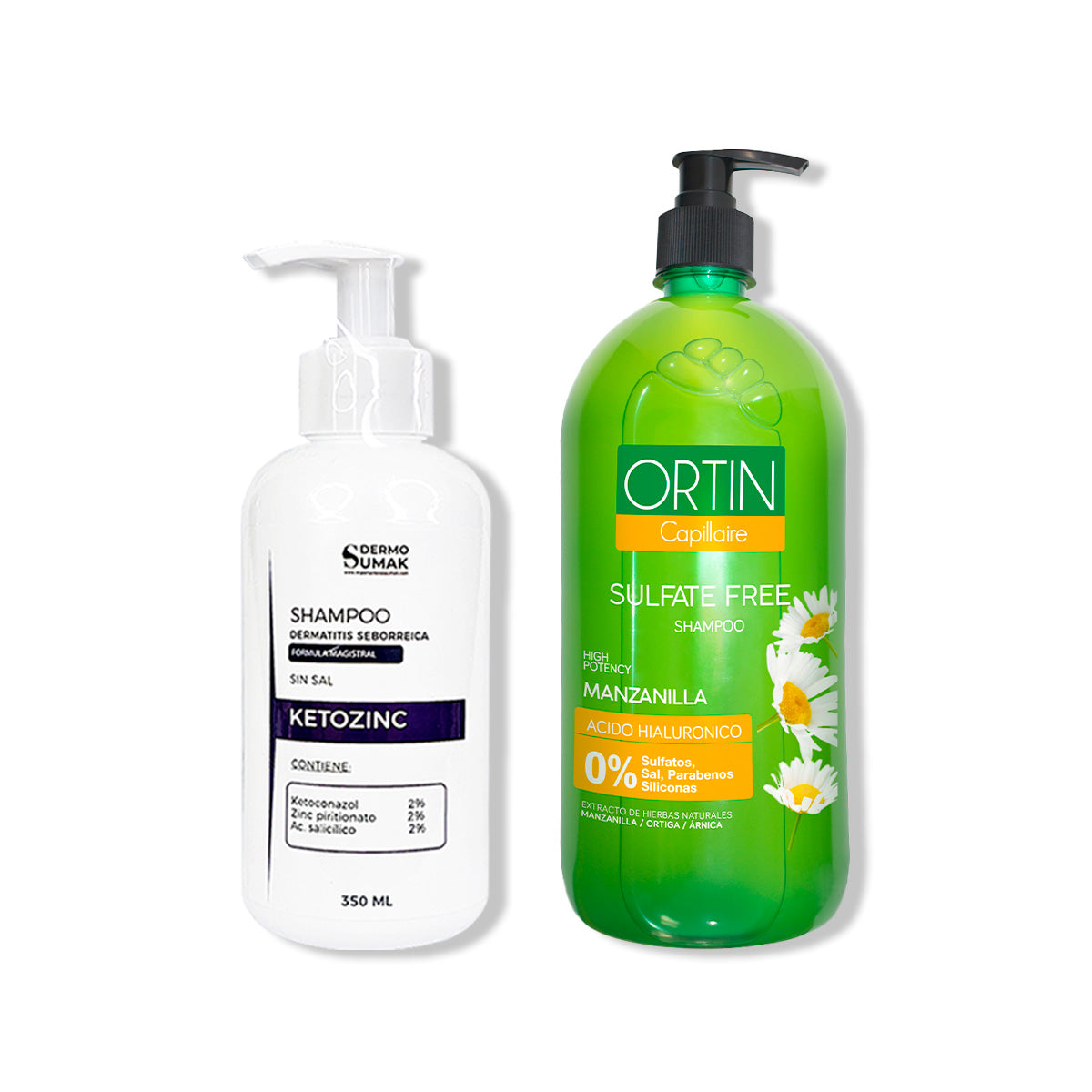 SHAMPOO SIN SAL KETOZINC 350ML+ SHAMPOO ORTIN MANZANILLA 1LT