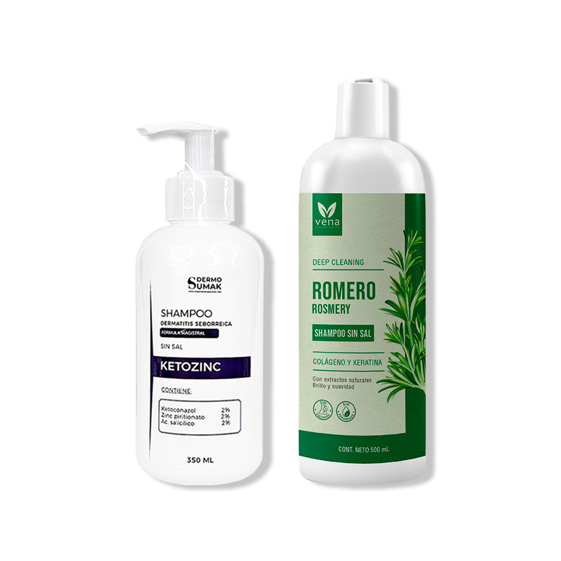 SHAMPOO SIN SAL KETOZINC 350ML+ SHAMPOO ROMERO VENA 500ML