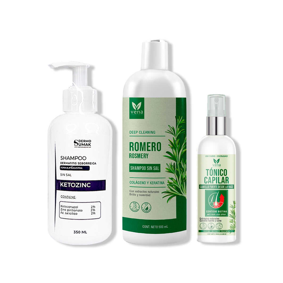 SHAMPOO SIN SAL KETOZINC + SHAMPOO ROMERO VENA + TÓNICO CAPILAR VENA