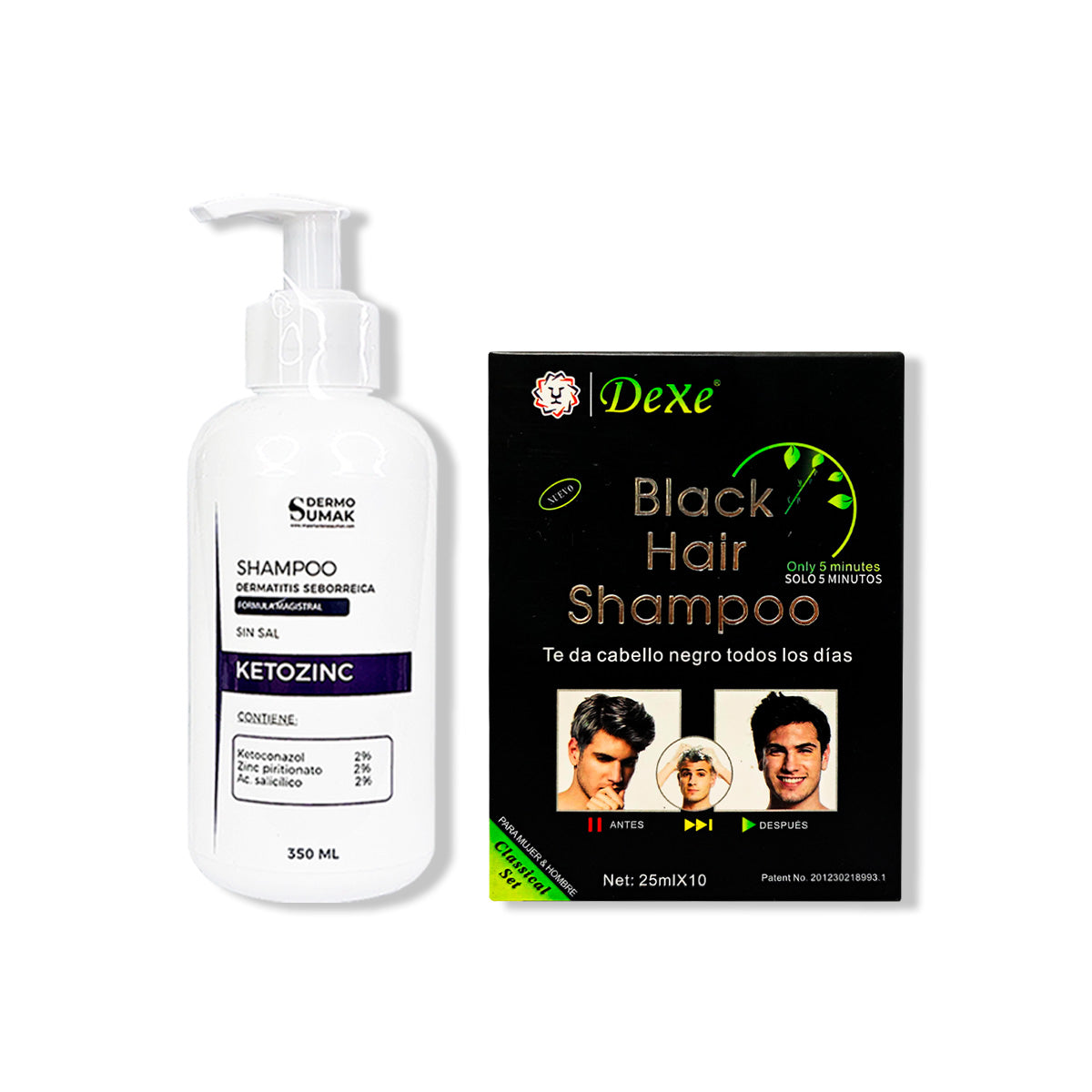 SHAMPOO SIN SAL KETOZINC 350ML+ SHAMPOO CUBRE CANAS NEGRO 250ML