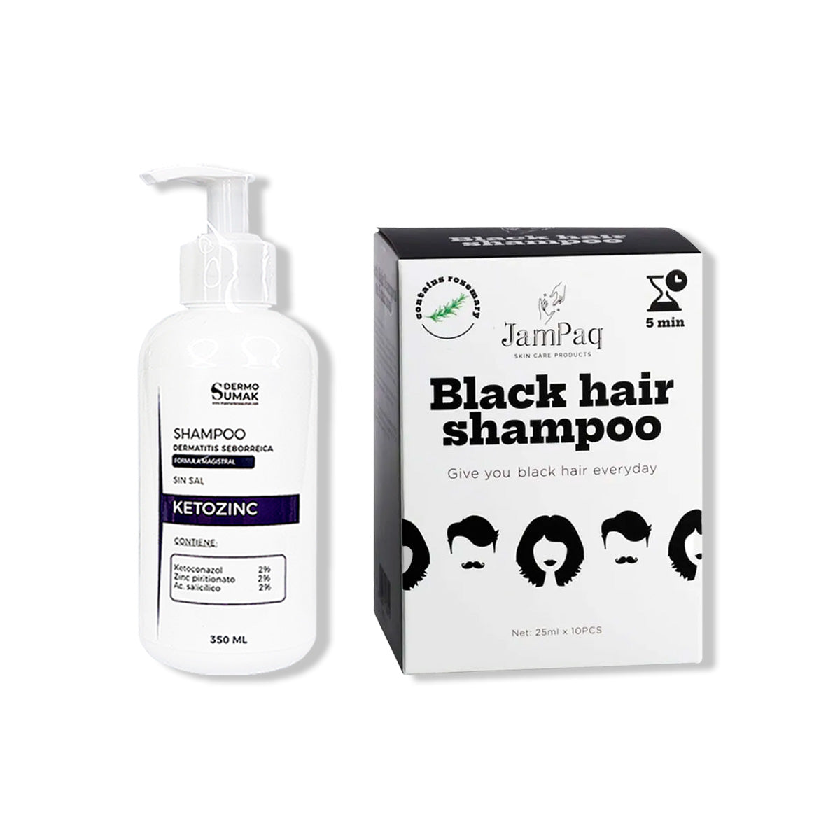 SHAMPOO KETOZINC 350ML + SHAMPOO CUBRE CANAS NEGRO 25ML JAMPAQ