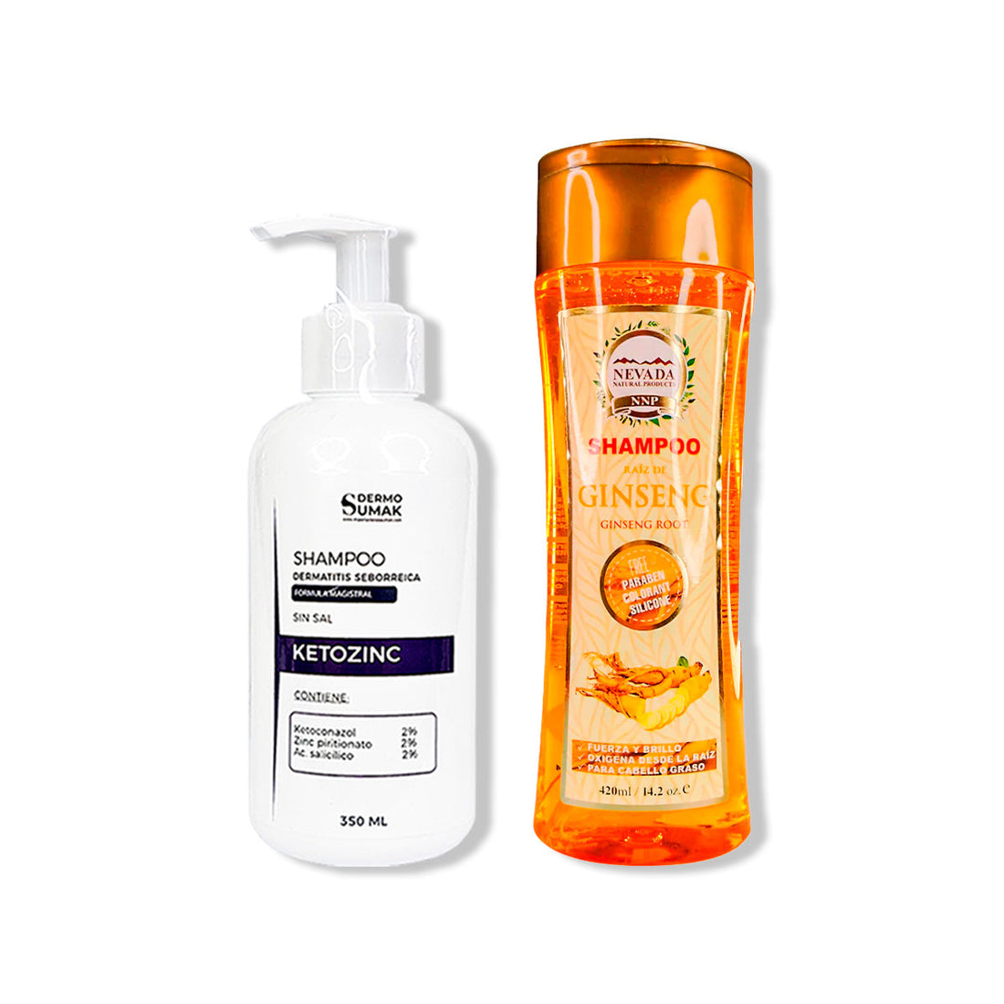 SHAMPOO SIN SAL KETOZINC 350ML+ SHAMPOO RAIZ DE GINSENG 420ML