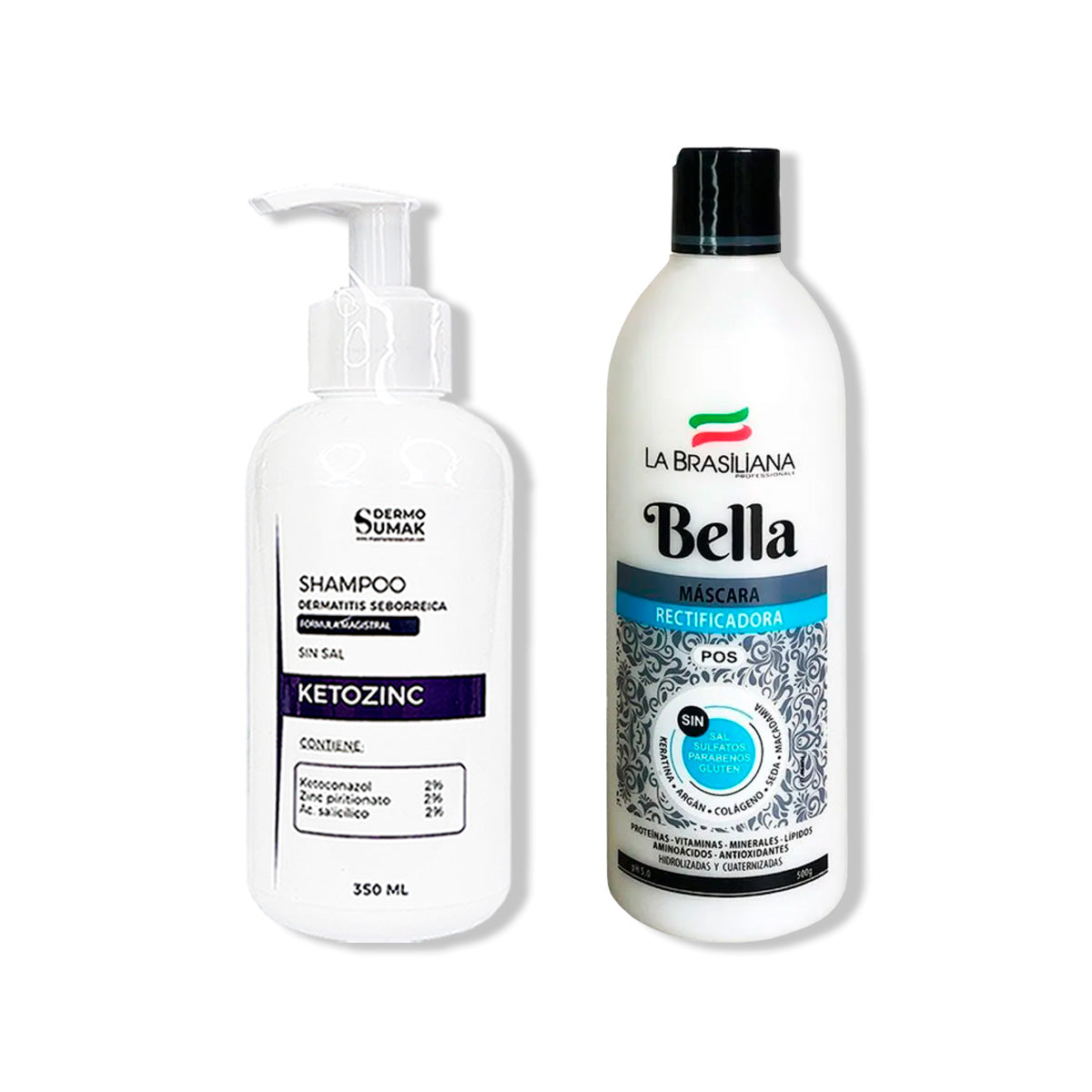 SHAMPOO SIN SAL KETOZINC 350ML+ MÁSCARA RECTIFICADORA BELLA 500GR