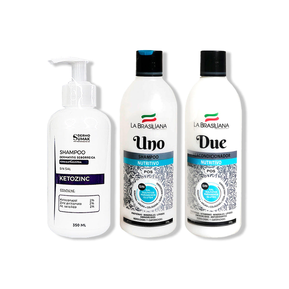 SHAMPOO KETOZINC 350ML + SHAMPOO UNO 500GR + ACONDICIONADOR DUE 500GR