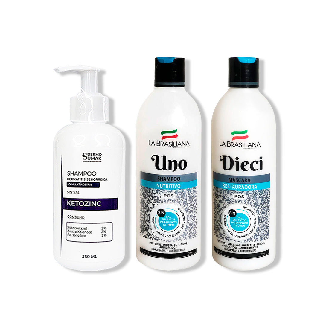 SHAMPOO KETOZINC 350ML + SHAMPOO UNO 500GR + MÁSCARA DIECI 500GR