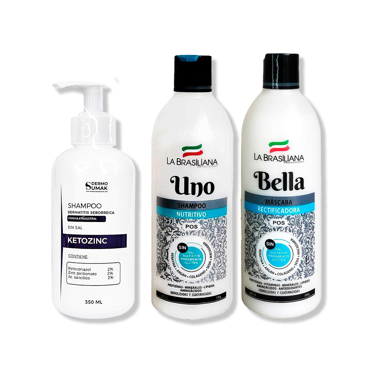 SHAMPOO KETOZINC 350ML + SHAMPOO UNO 500GR + MÁSCARA BELLA 500GR