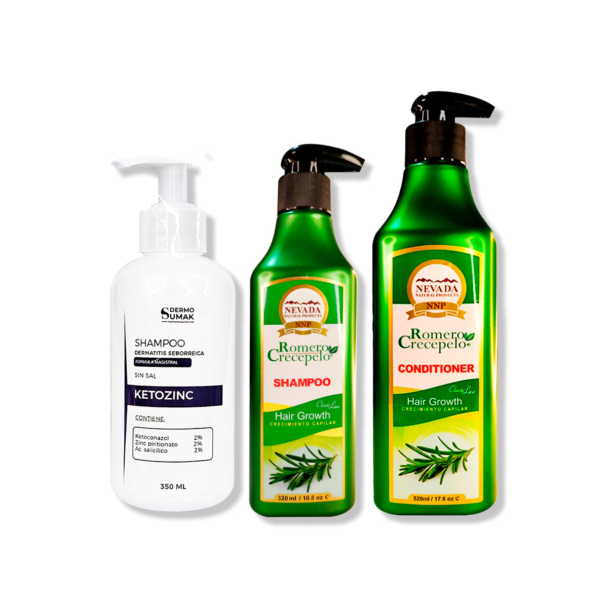 SHAMPOO KETOZINC 350ML + SHAMPOO ROMERO 320ML + ACONDICIONADOR 500ML