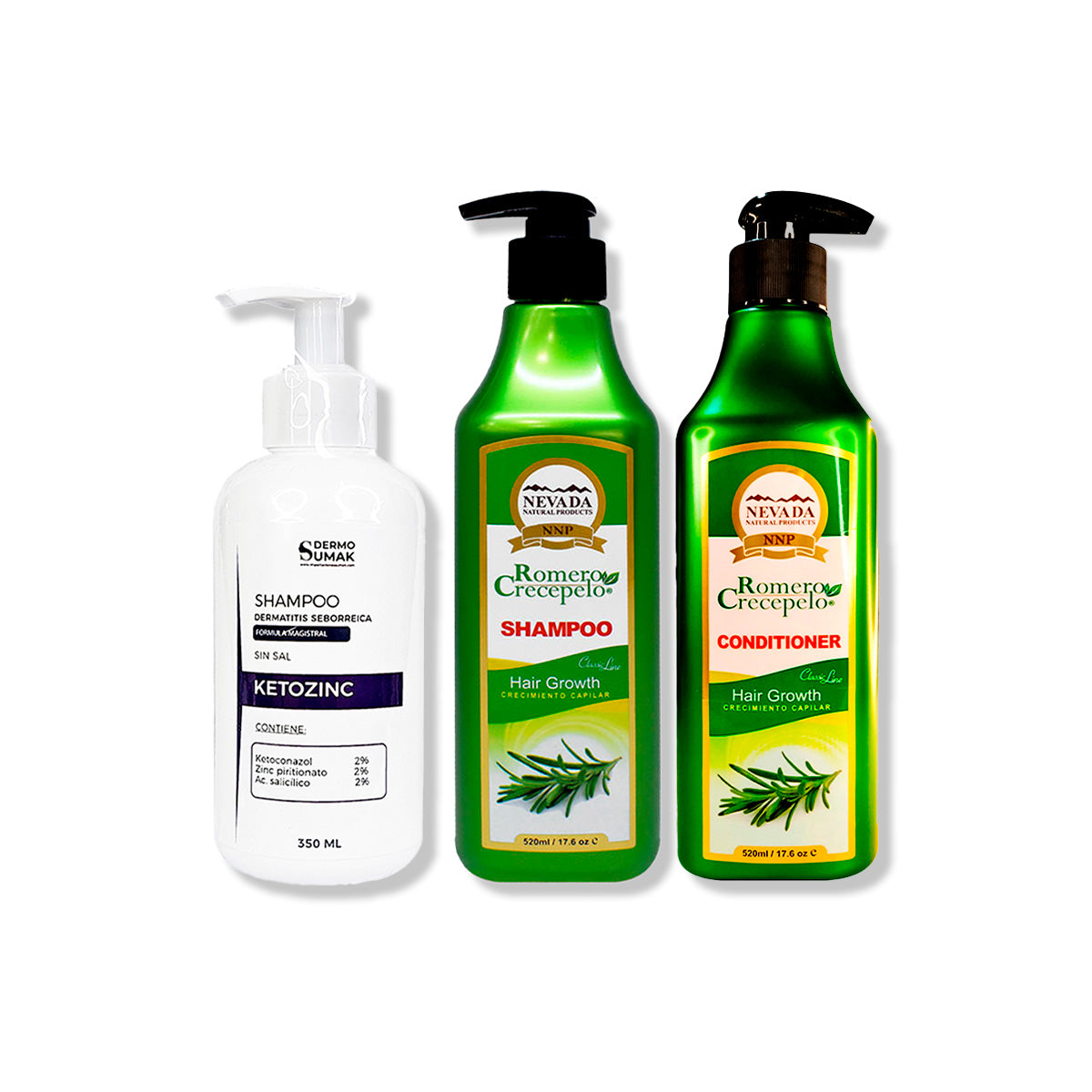 SHAMPOO KETOZINC 350ML + SHAMPOO ROMERO 520ML + ACONDICIONADOR 500ML