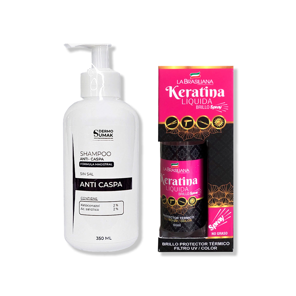 SHAMPOO ANTICASPA SIN SAL 350ML + SPRAY BRILLO KERATINA LÍQUIDA 60ML