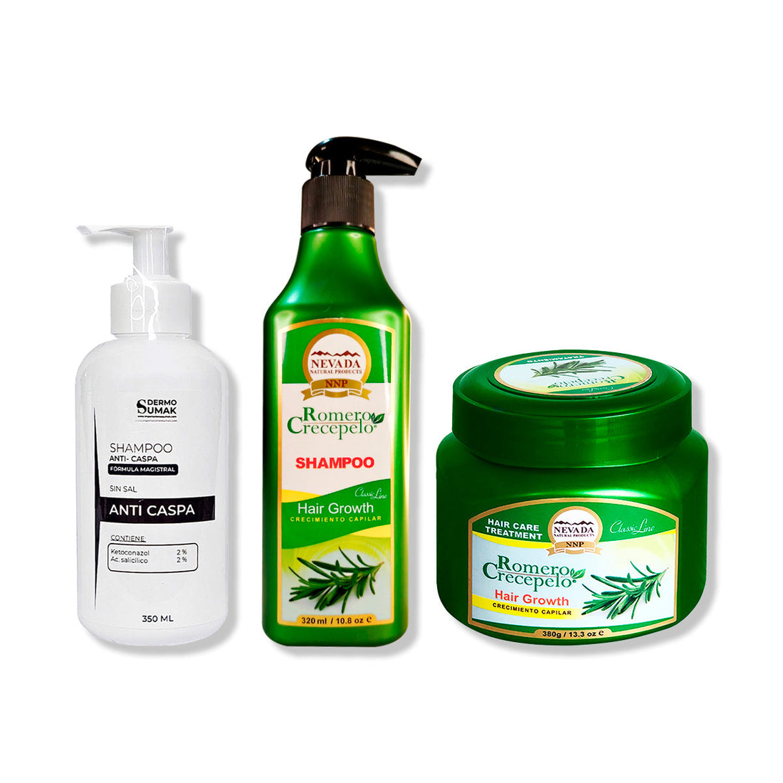 SHAMPOO ANTICASPA 350ML + SHAMPOO ROMERO 320ML + CREMA DE CRECIMIENTO