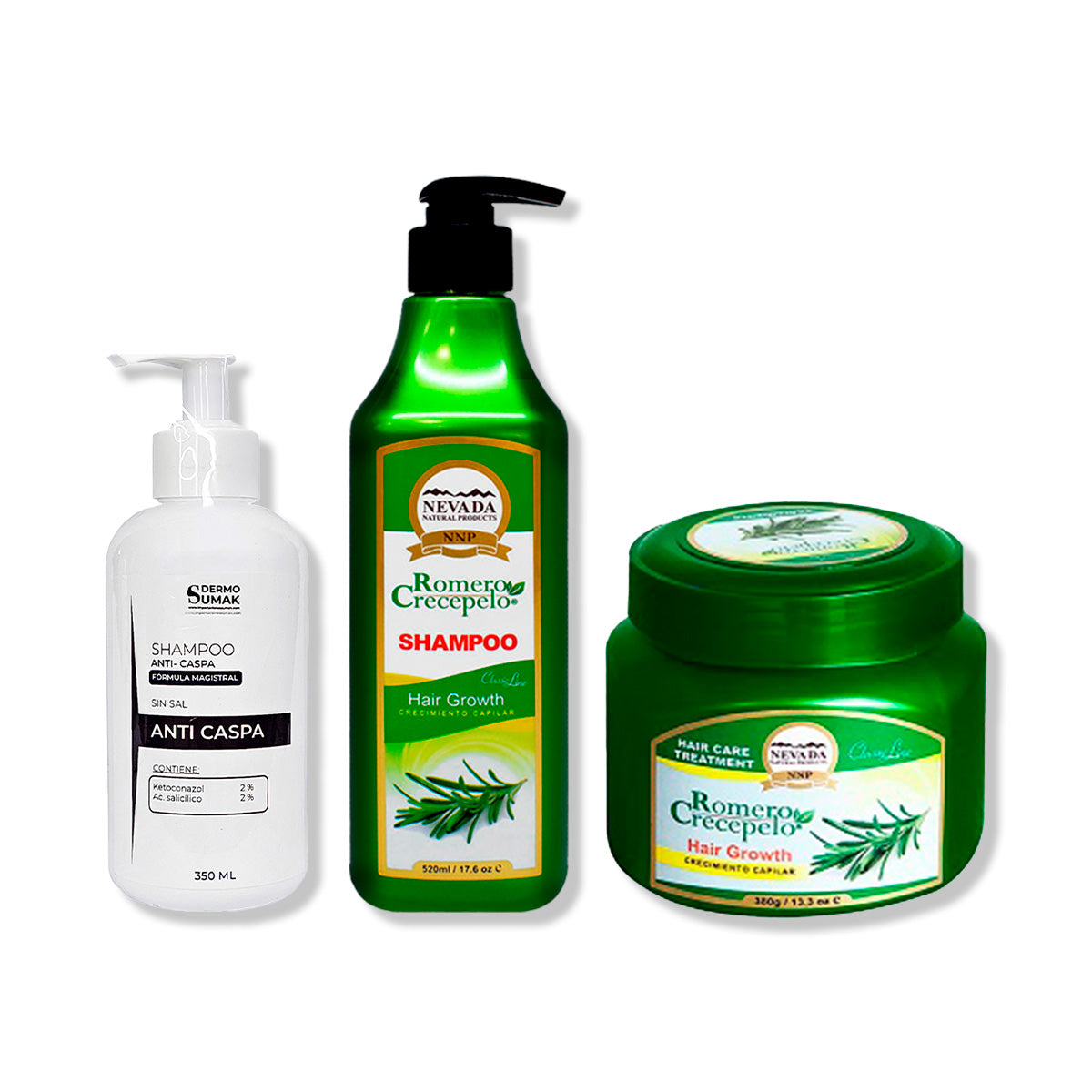 SHAMPOO ANTICASPA 350ML + SHAMPOO ROMERO 520ML + CREMA DE CRECIMIENTO