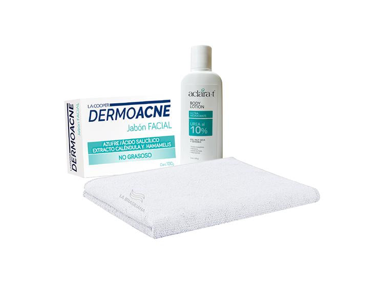 Toalla Rostro Blanco + Jabón Facial Dermoacne 100Gr + Crema Ultra hidratante con urea 10% 450Gr