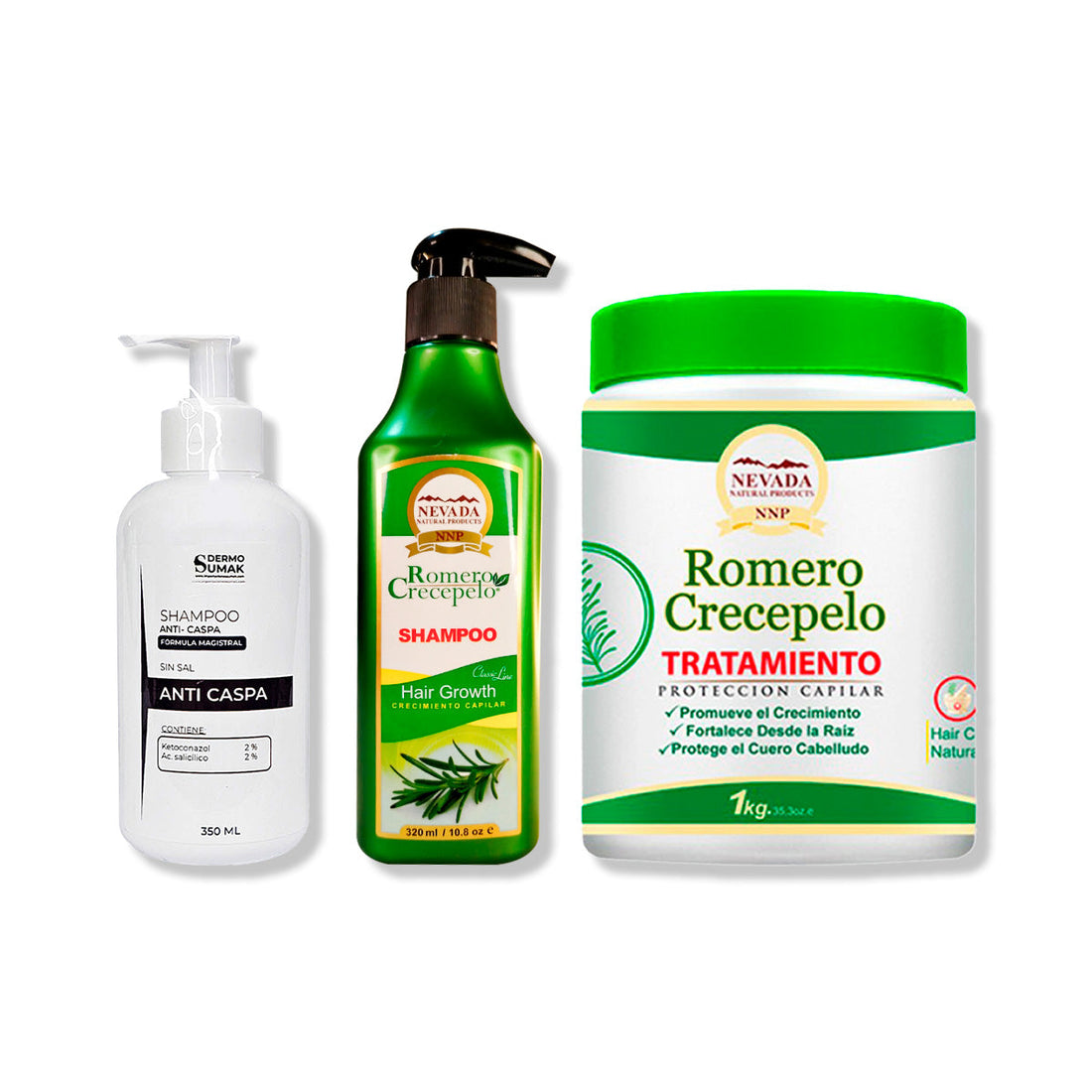 SHAMPOO ANTICASPA 350ML + SHAMPOO ROMERO 320ML + TRATAMIENTO CAPILAR