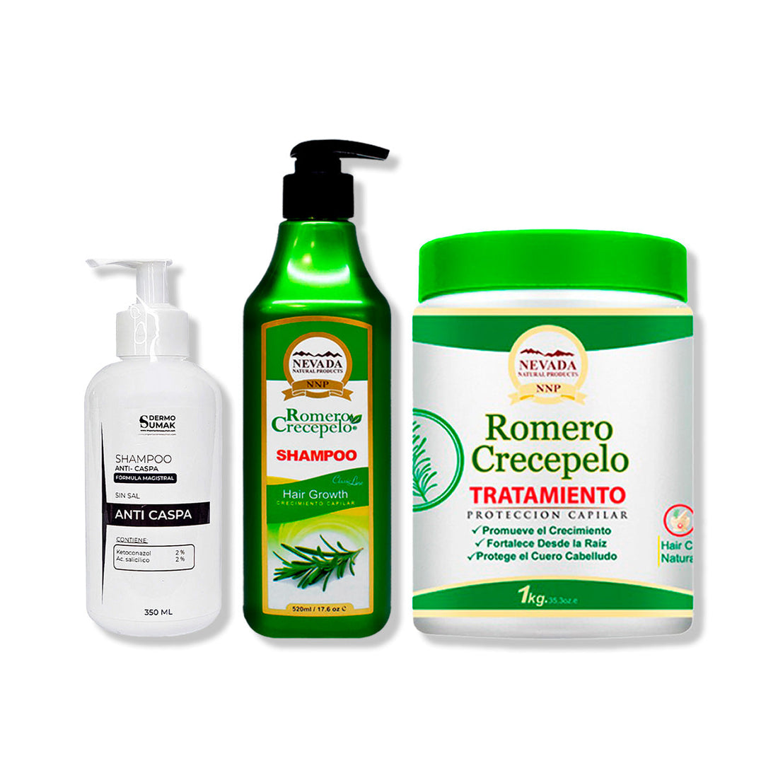 SHAMPOO ANTICASPA 350ML + SHAMPOO ROMERO 520ML + TRATAMIENTO CAPILAR