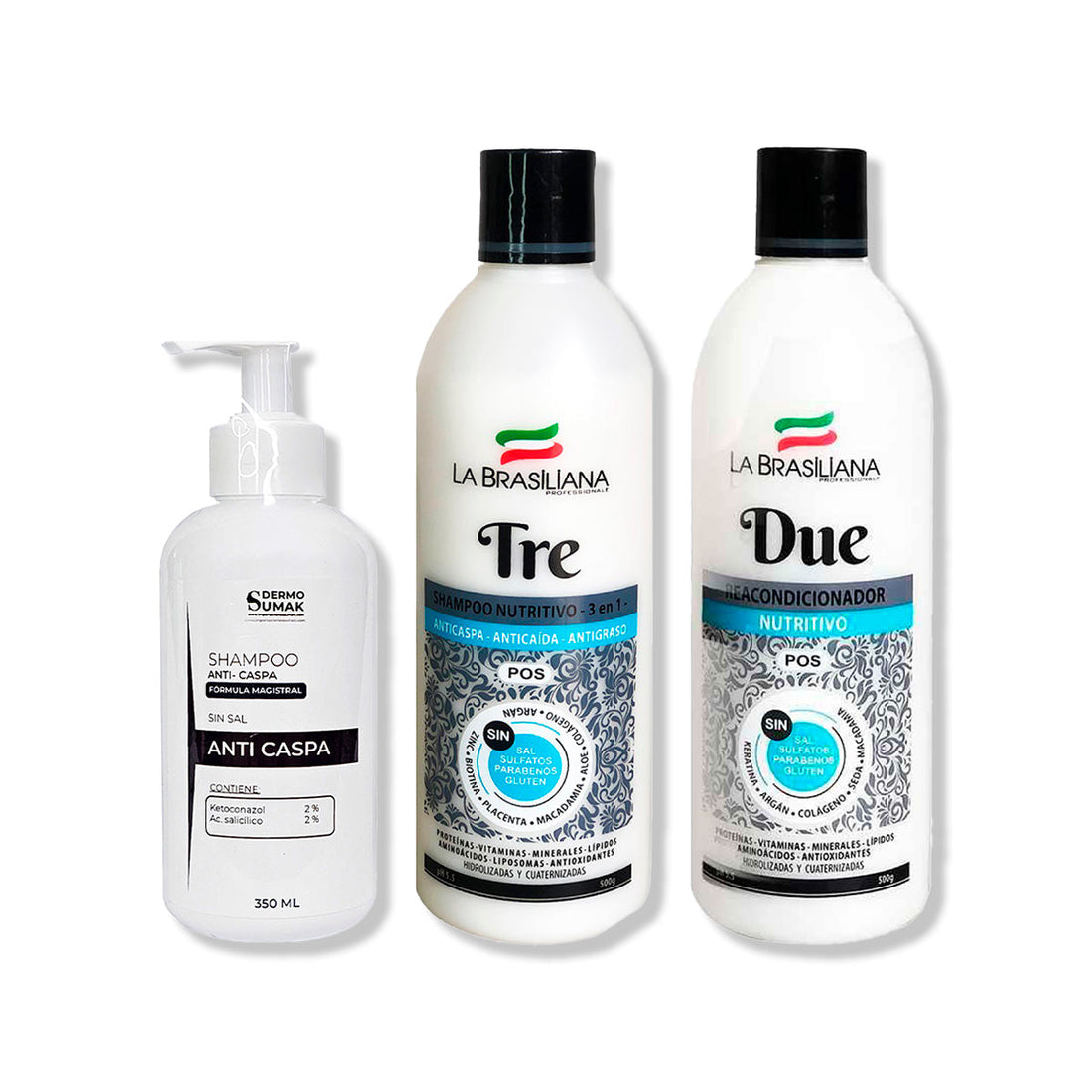 SHAMPOO ANTICASPA 350ML + SHAMPOO TRE 500GR + ACONDICIONADOR DUE 500GR