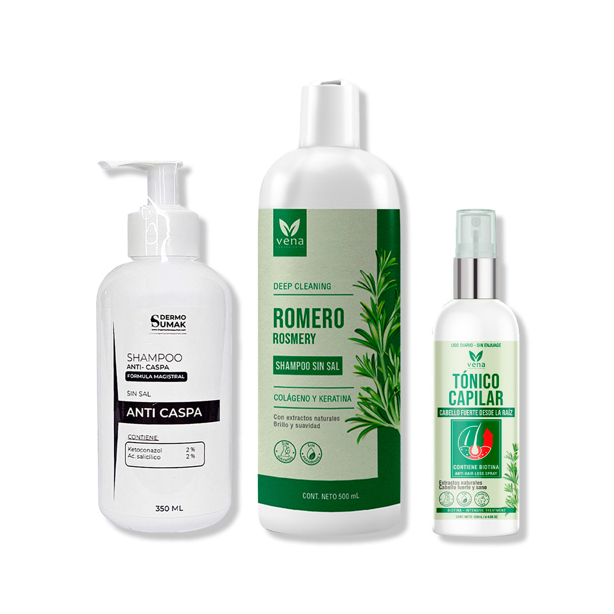 SHAMPOO ANTICASPA 350ML + SHAMPOO ROMERO VENA + TÓNICO CAPILAR VENA