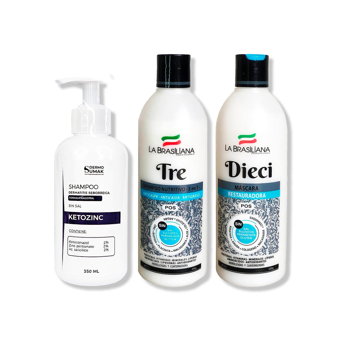 SHAMPOO KETOZINC 350ML + SHAMPOO TRE 500GR + MÁSCARA DIECI 500GR