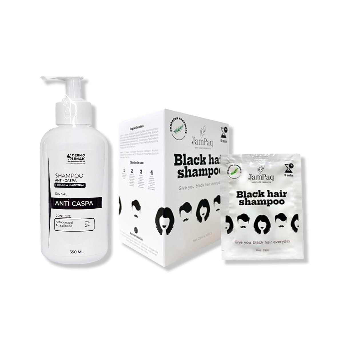 SHAMPOO ANTICASPA 350ML + SHAMPOO CUBRE CANAS NEGRO 25ML JAMPAQ