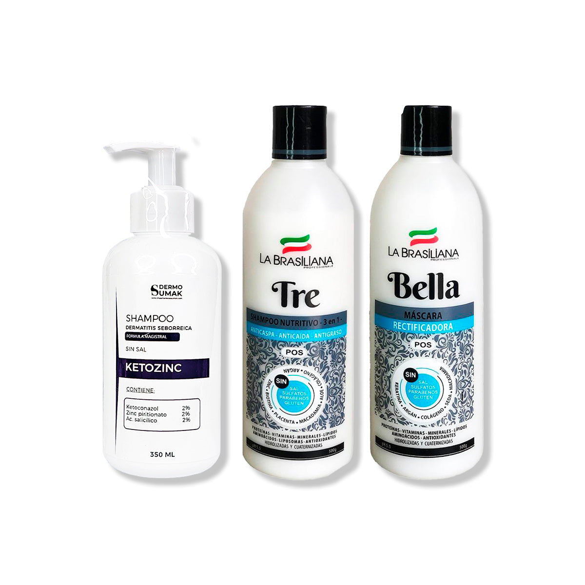 SHAMPOO KETOZINC 350ML + SHAMPOO TRE 500GR + MÁSCARA BELLA 500GR