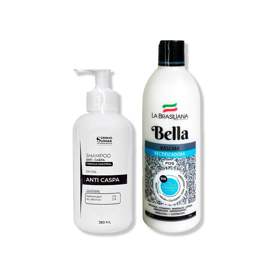 SHAMPOO ANTICASPA SIN SAL 350ML + MÁSCARA RECTIFICADORA BELLA 500GR