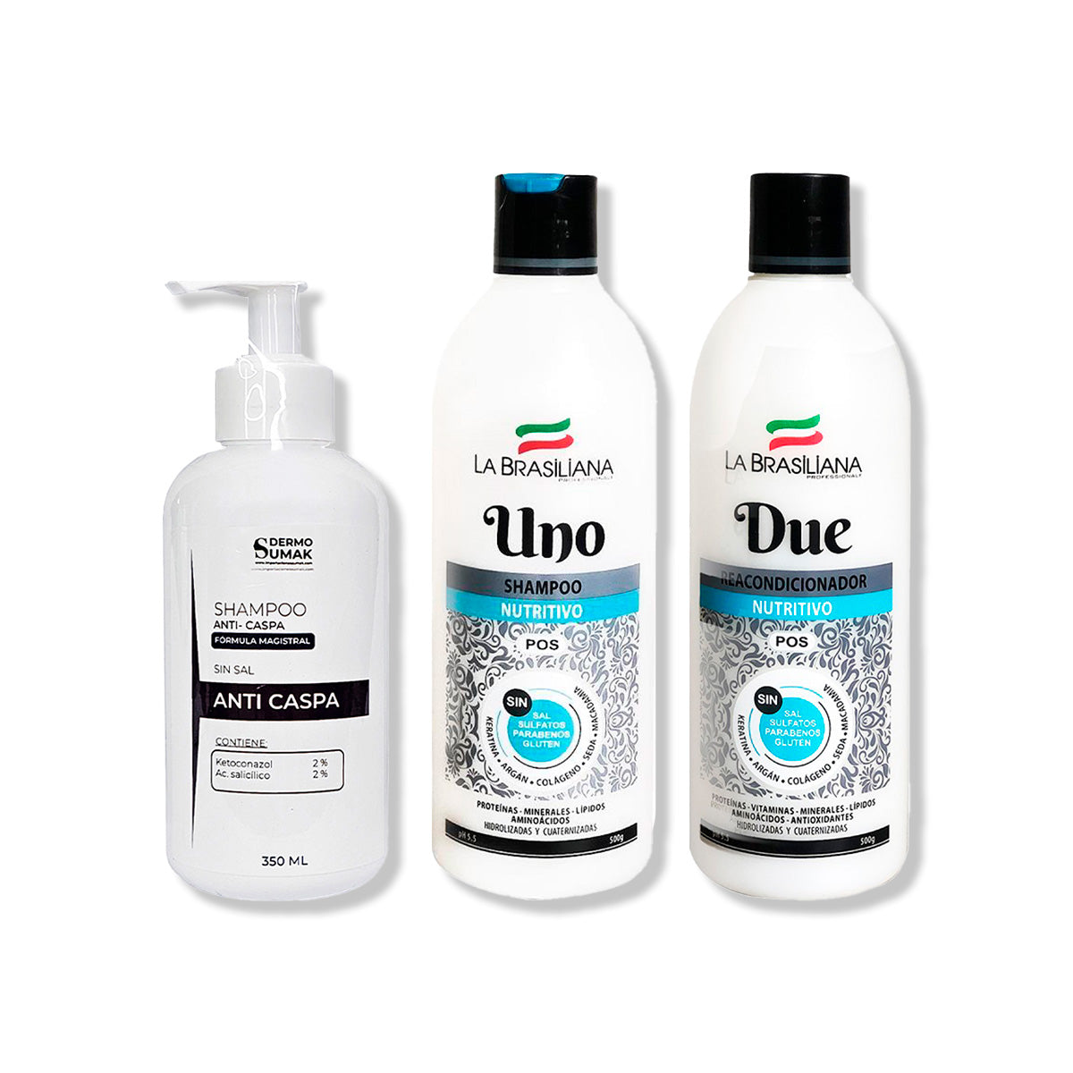 SHAMPOO ANTICASPA 350ML + SHAMPOO UNO 500GR + ACONDICIONADOR DUE 500GR