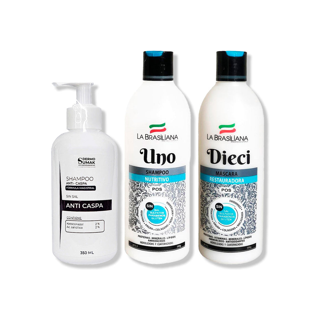 SHAMPOO ANTICASPA 350ML + SHAMPOO UNO 500GR + MÁSCARA DIECI 500GR