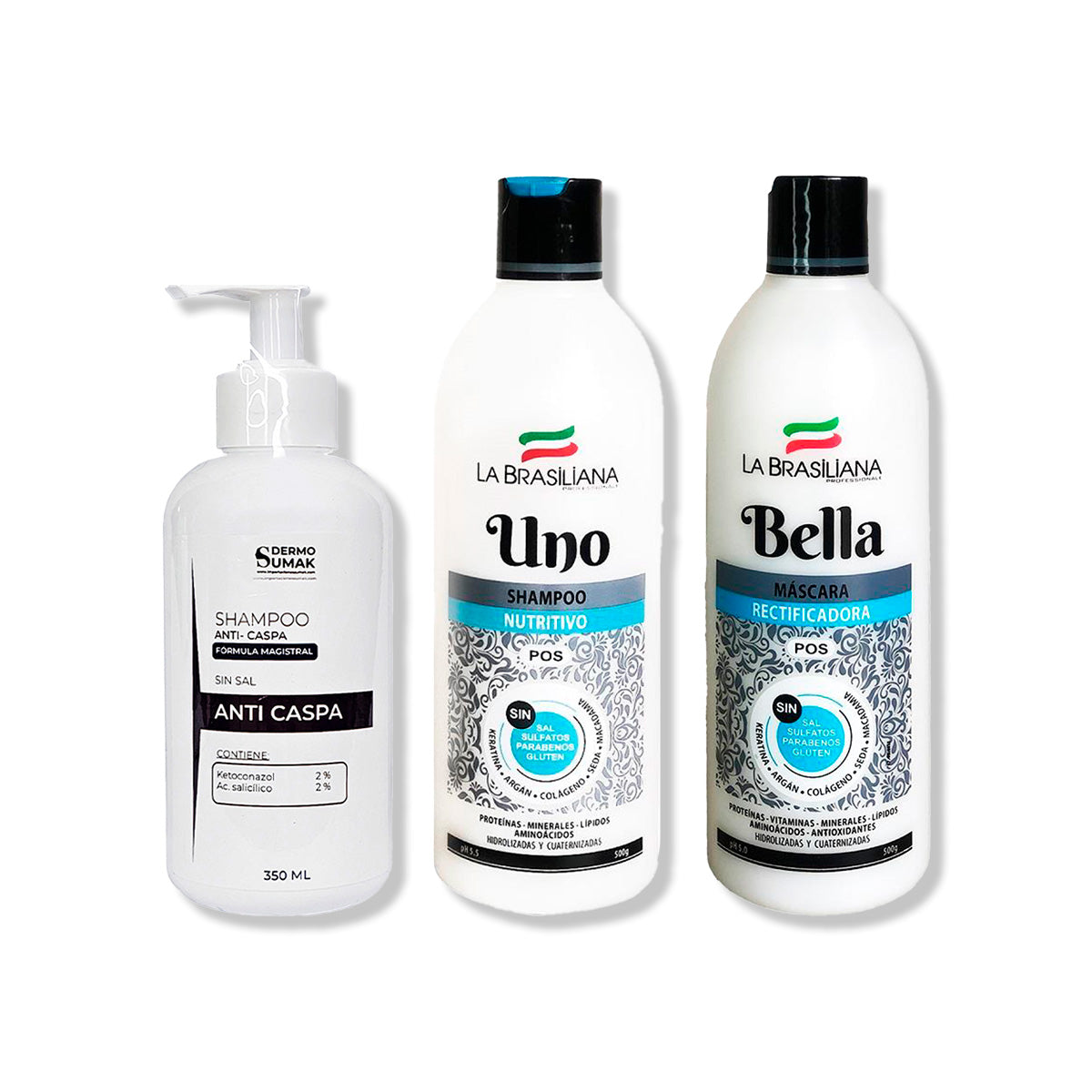 SHAMPOO ANTICASPA 350ML + SHAMPOO UNO 500GR + MÁSCARA BELLA 500GR