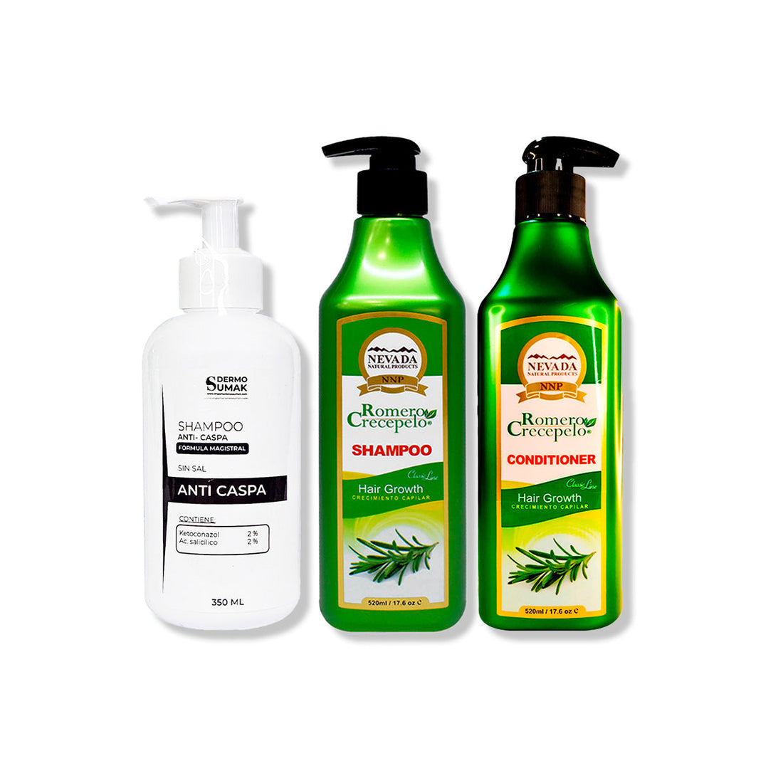 SHAMPOO ANTICASPA 350ML + SHAMPOO ROMERO 520ML + ACONDICIONADOR 500ML