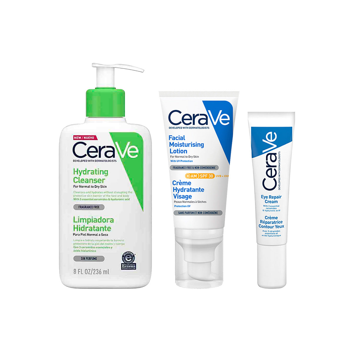 TRIO Cerave rutina piel normal a seca limpiador crema espumosa