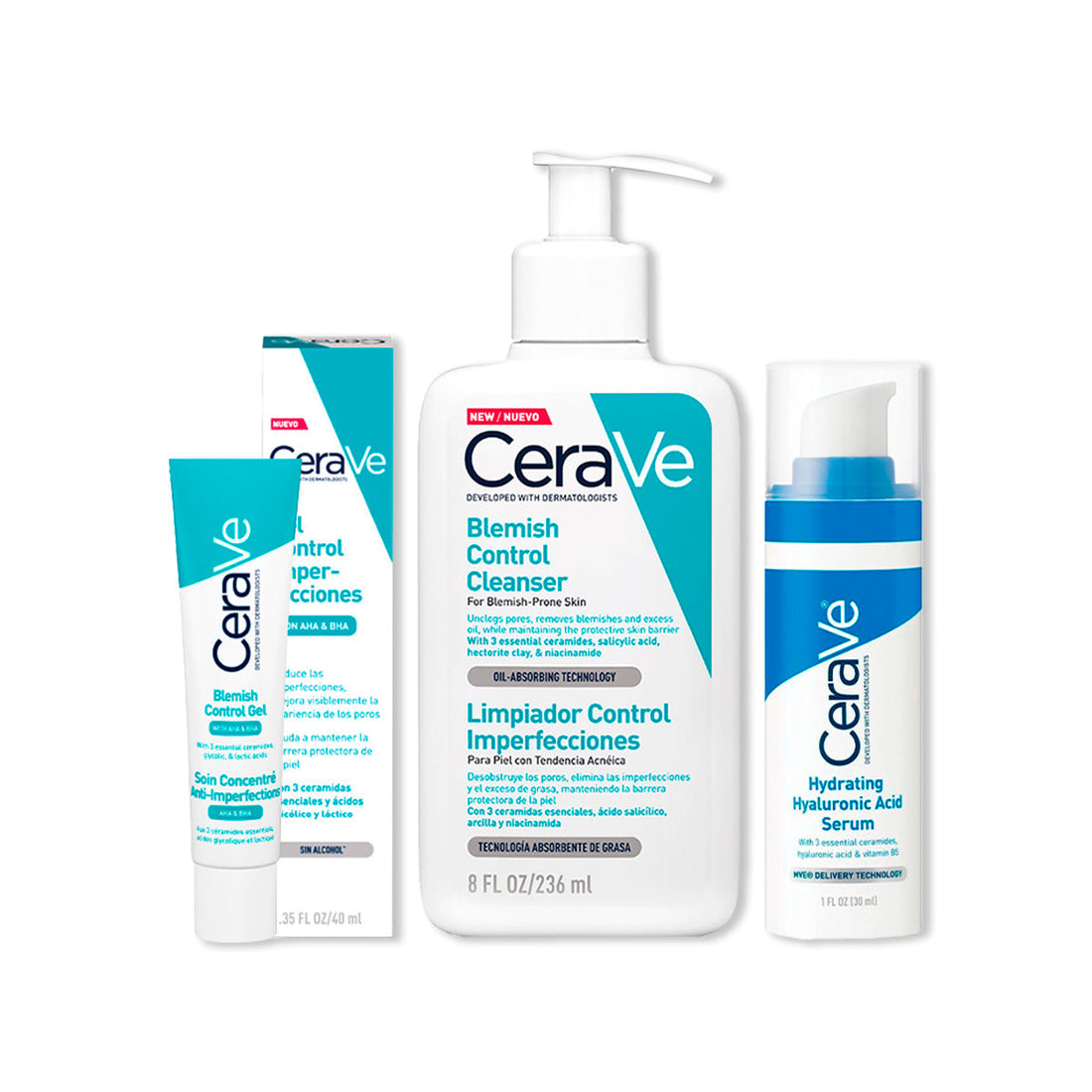 CeraVe Tratamiento Anti-imperfecciones Blemish Control 40ml+CeraVe Gel Limpiador Anti-imperfecciones Blemish Control 236ml+Cerave Sérum hidratante con ácido hialorónico 30ml