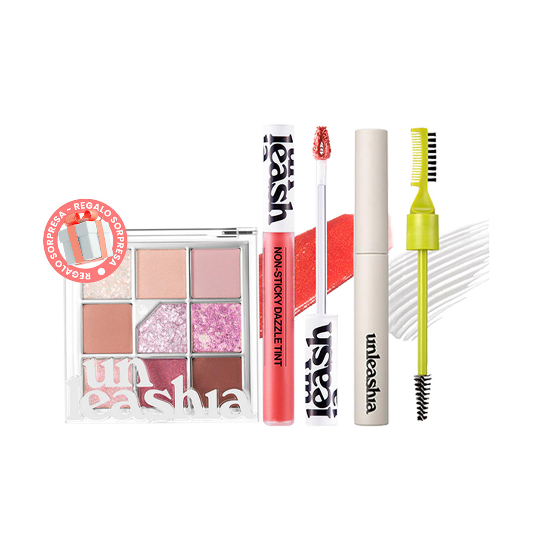 Combo Belleza + REGALO SORPRESA makeup Glitterpedia Eye Palette UNLEASHIA- Nº4 All of Lavender Fog + Non Sticky Dazzle Tint UNLEASHIA- Nº5 Nice Step + Shaper pomade eyebrow fixer UNLEASHIA No.1 Clear