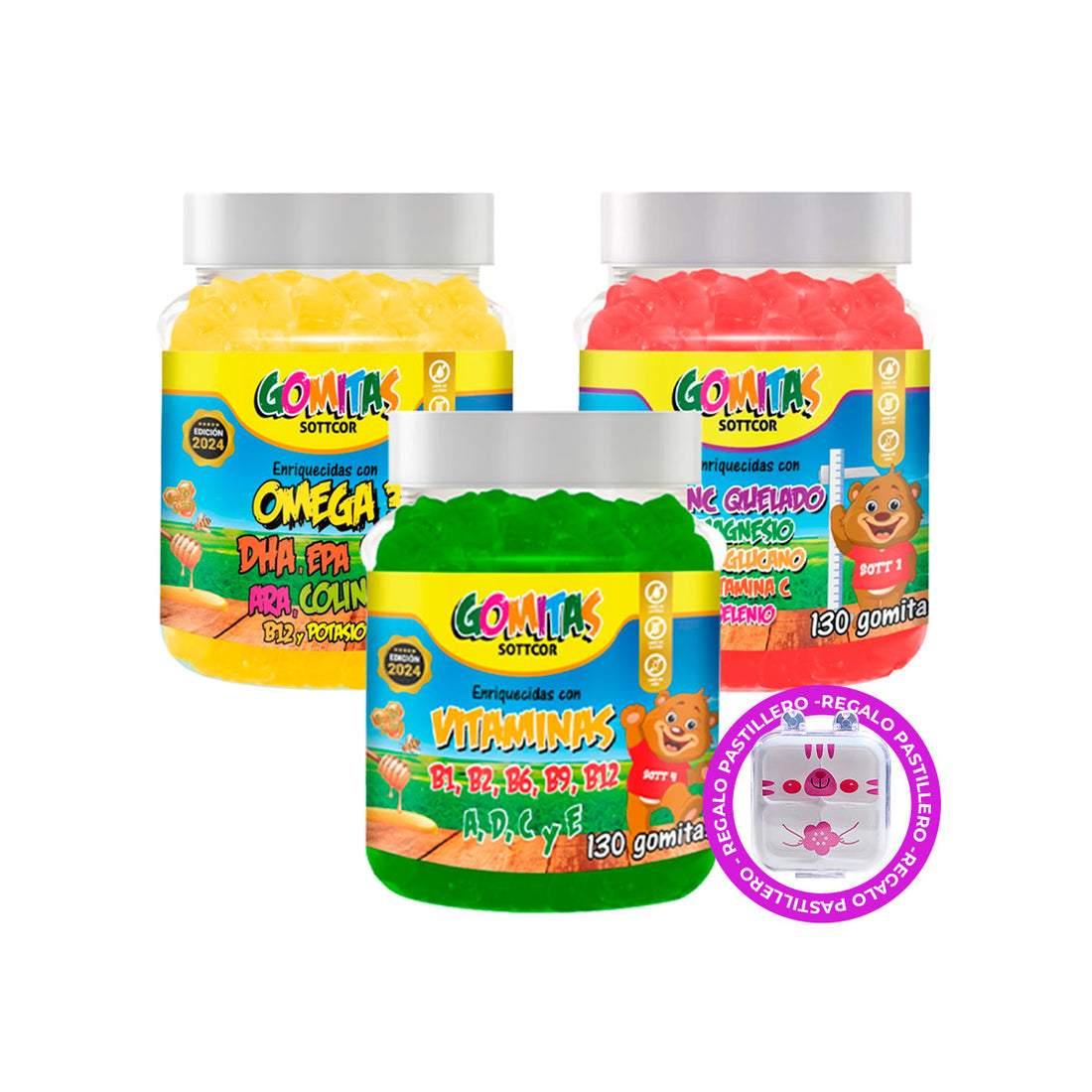 Combo Gomitas Sottcor Omega + Zinc Quelado + Multivitaminas NIÑOS + REGALO PASTILLERO