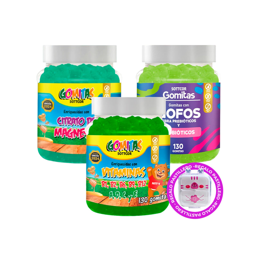 Combo Gomitas Gofos + Citrato + Multivitaminas SOTTCOR NIÑOS + REGALO PASTILLERO