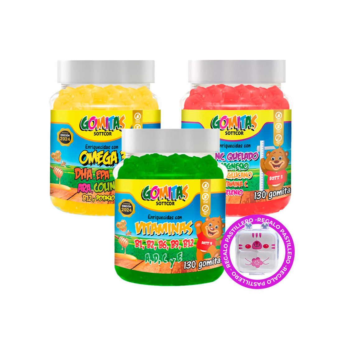 Combo Gomitas Zinc Quelato + Omega + Multivitaminas SOTTCOR NIÑOS + REGALO PASTILLERO