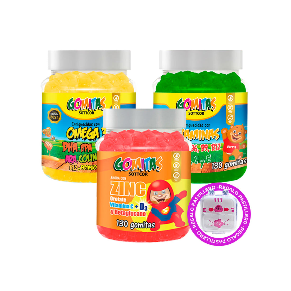 Combo Gomitas Zinc Orotato + Omega + Multivitaminas SOTTCOR NIÑOS + REGALO PASTILLERO