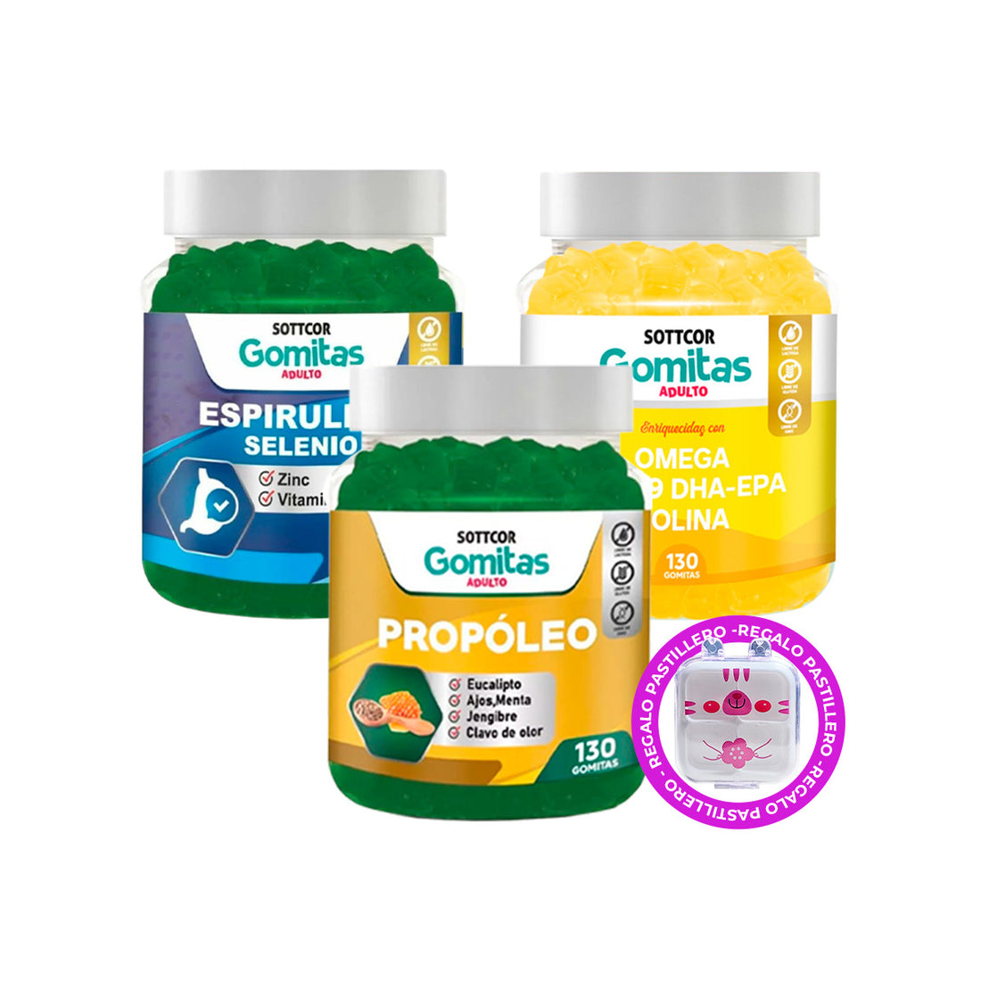 Combo Gomitas Propóleos + Espirulina + Omega SOTTCOR ADULTOS + REGALO PASTILLERO