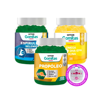 Combo Gomitas Propóleos + Espirulina + Omega SOTTCOR ADULTOS + REGALO PASTILLERO