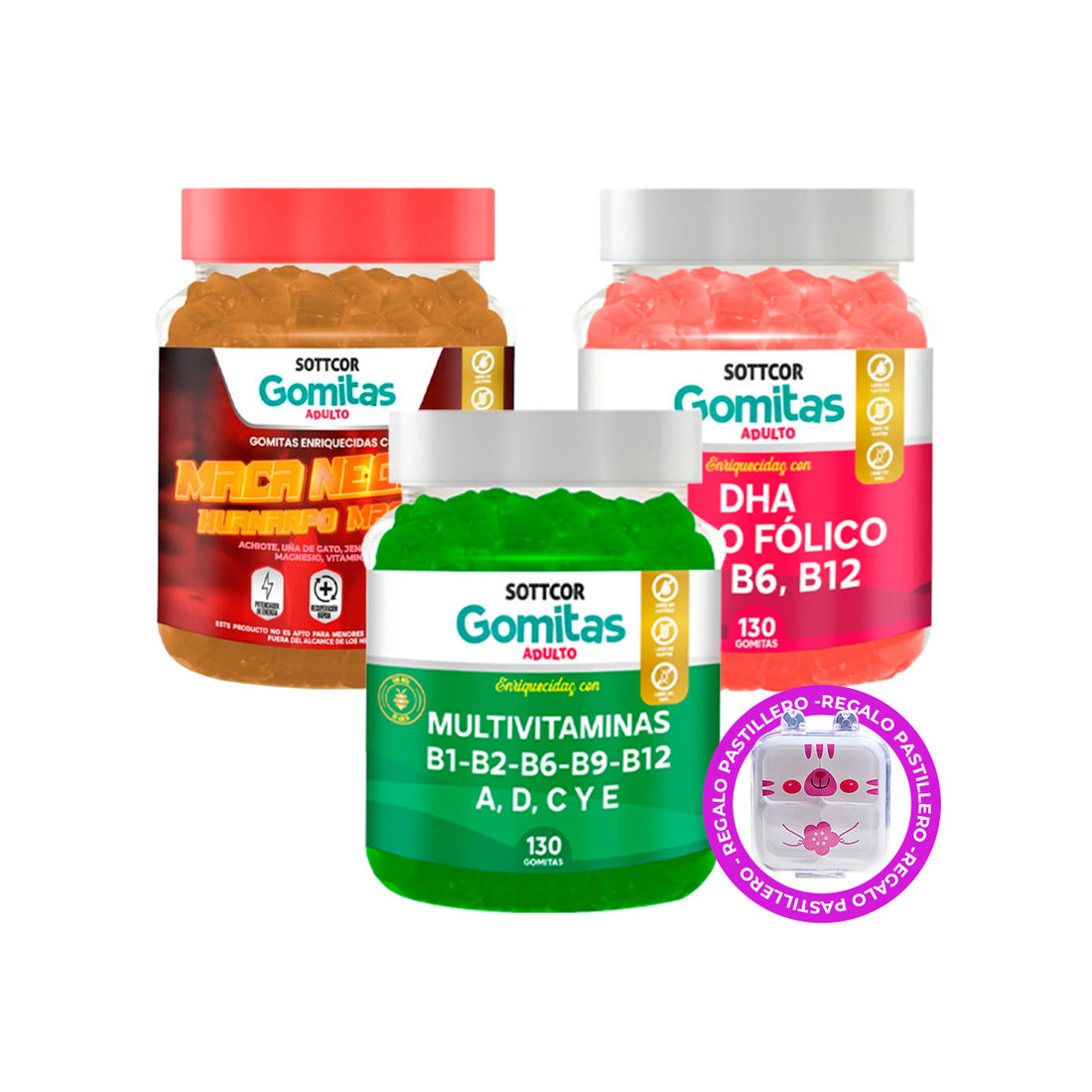 Combo Gomitas Maca Negra + Multivitaminas + DHA SOTTCOR ADULTOS + REGALO PASTILLERO