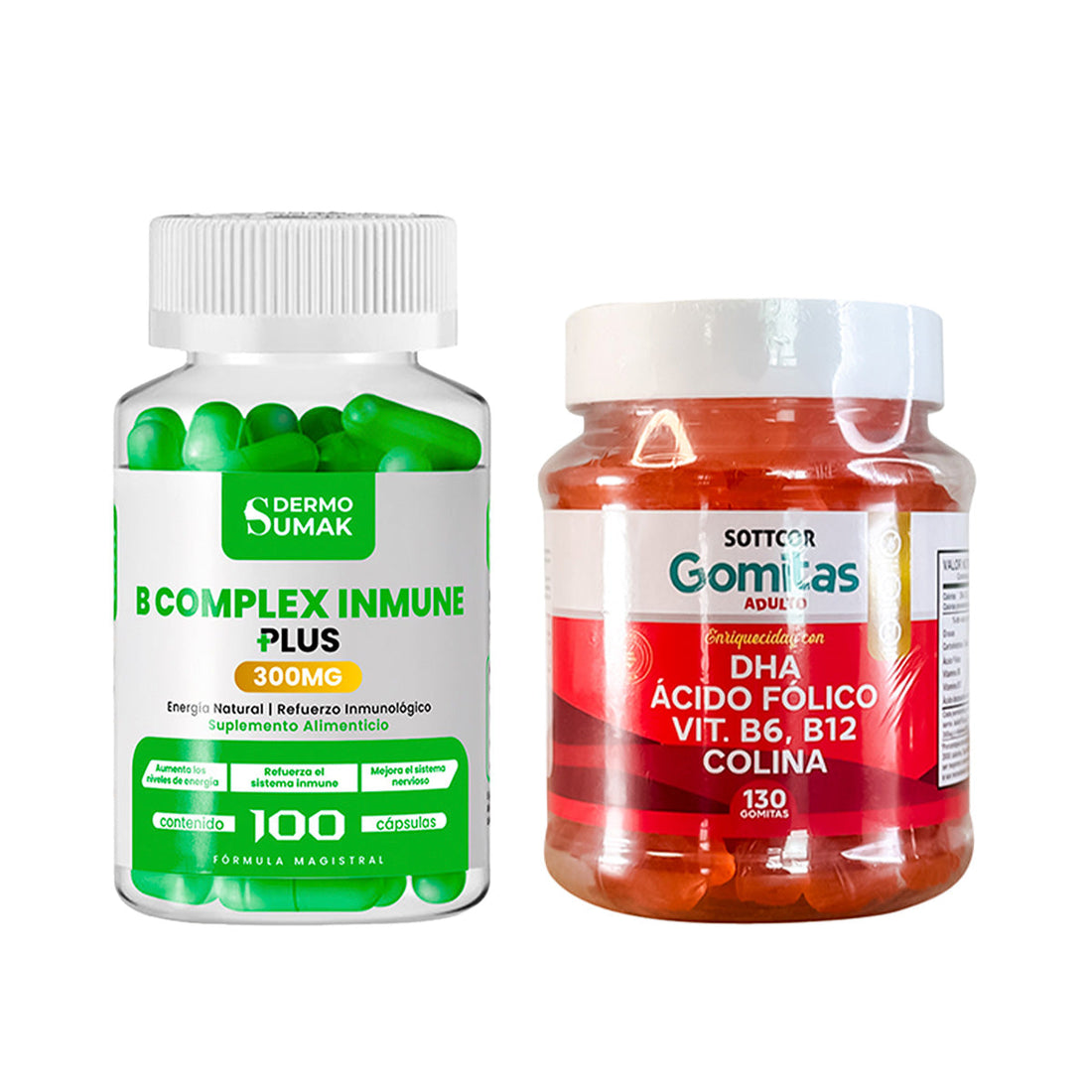 B Complex Inmnune 300mg - 100 Cap - Dermo Sumak+Gomitas con DHA, Ácido Fólico, B6 y B12